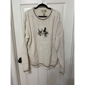 Fieldmaster‎ Vintage Mens Large Cream Cotton Wildlife Embroidered Sweater USA